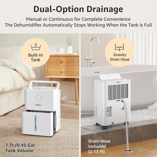 KNKA 21 Pint Dehumidifier - Efficient 1600 Sq.Ft. Coverage with Continuous Drainage & Washable Filter