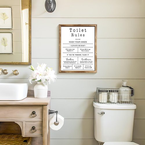 MODE HOME Farmhouse Wall Art - Funny Toilet Rules Sign with Torched Brown Frame | 14x11 Inch Shabby Chic Decor