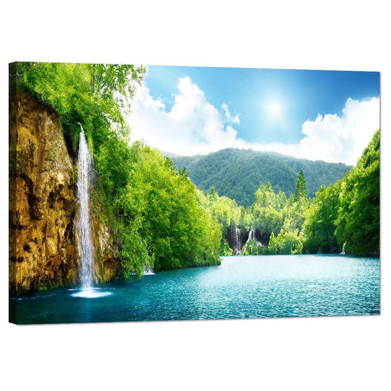Yatsen Bridge Waterfall Painting for Living Room Wall Art Home Decor Prints Green Forest and Lake Pictures Artworks Wall Decoration Framed Ready to Hang for House(36''W x 24''H)
