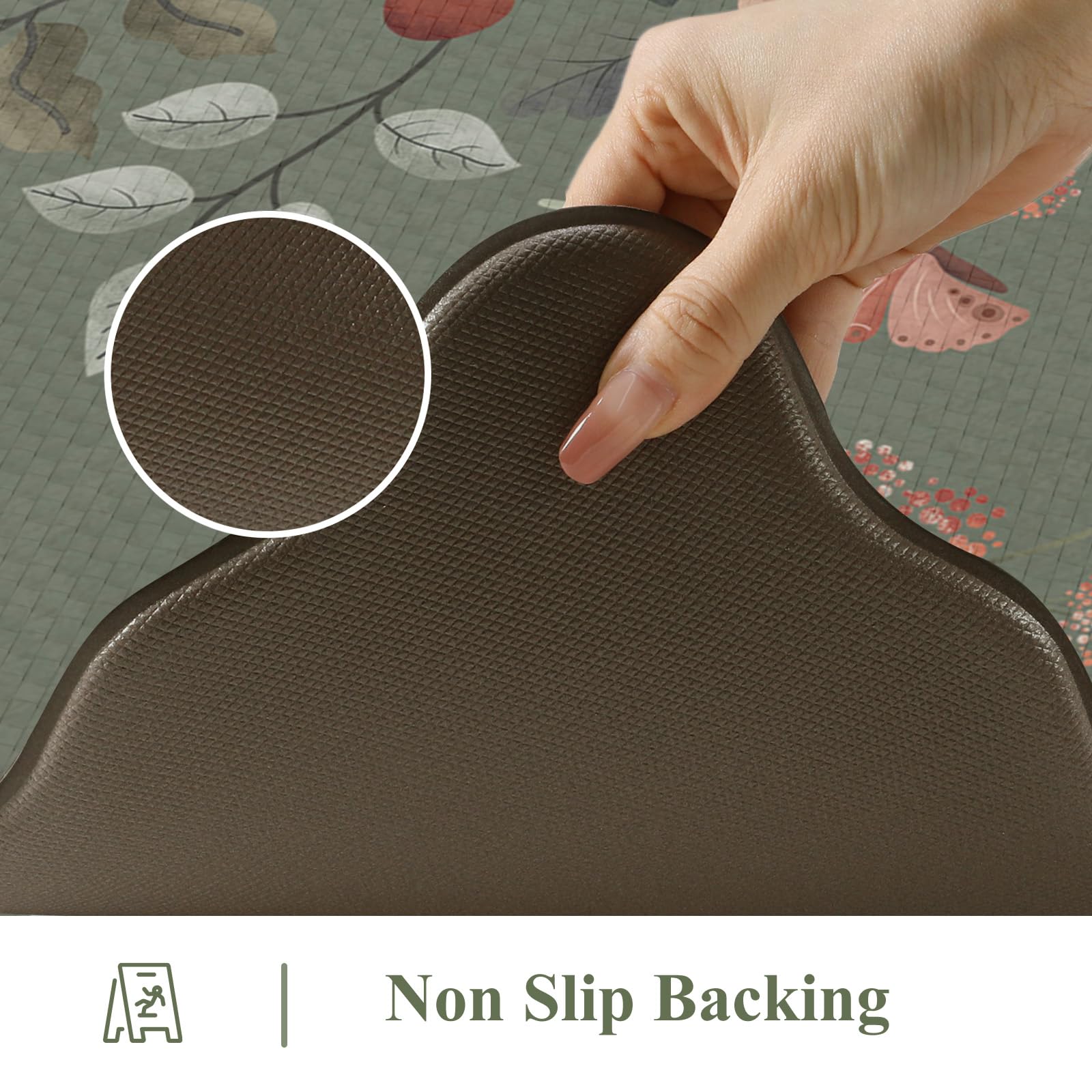 Collive Anti Fatigue Kitchen Mats, Scalloped Green Floral Kitchen Rugs Set of 2 Non Slip Waterproof Standing Mat, Memory Foam Comfort Desk Rug for Office, Sink, Laundry, 17.3"x29"+17.3"x47"