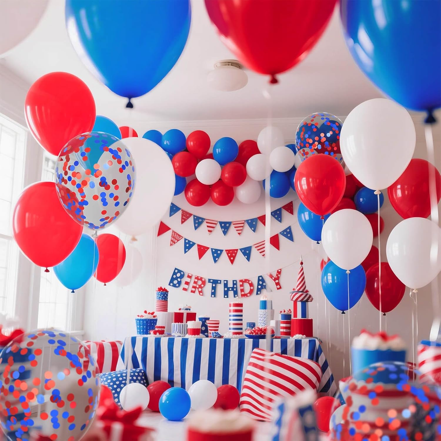 Red White Blue Latex Balloons - 12 Inch Patriotic Confetti Balloons | 68 Pack for 4th of July Celebrations