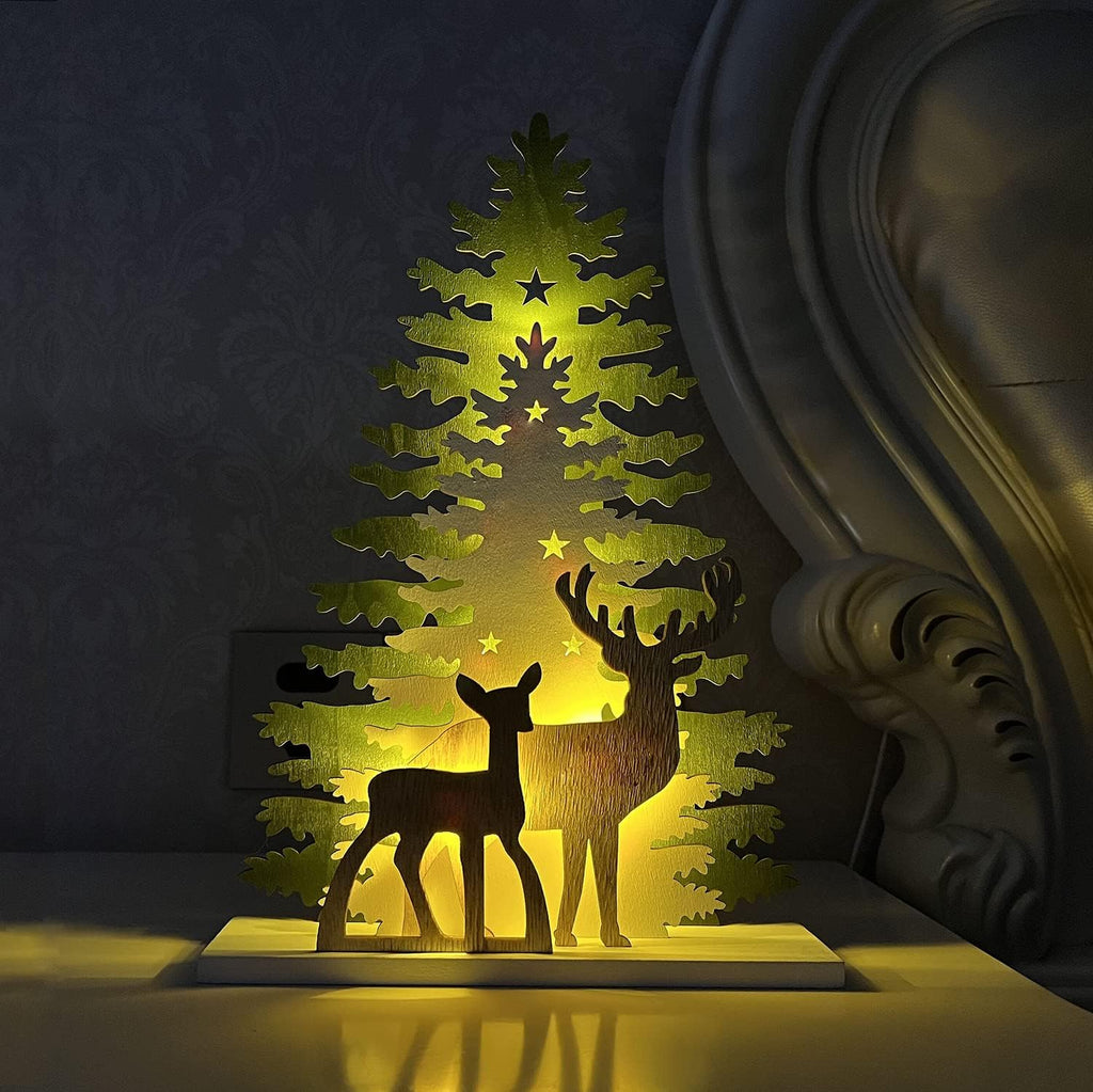 Supergorea Lighted Christmas Tabletop Decorations - Wooden Tree & Deer Decor | LED Battery-Powered, 12.7 Inch
