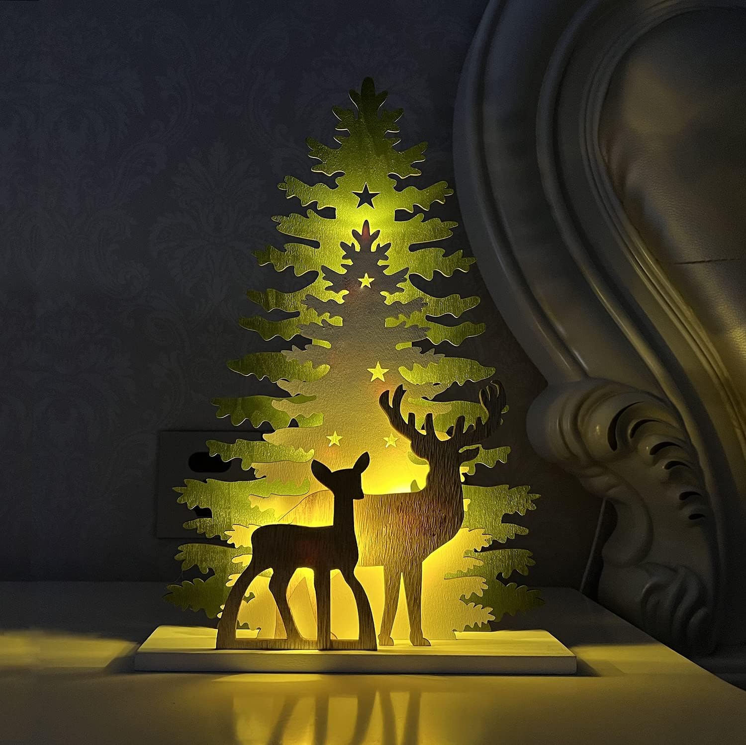 Supergorea Lighted Christmas Tabletop Decorations - Wooden Tree & Deer Decor | LED Battery-Powered, 12.7 Inch