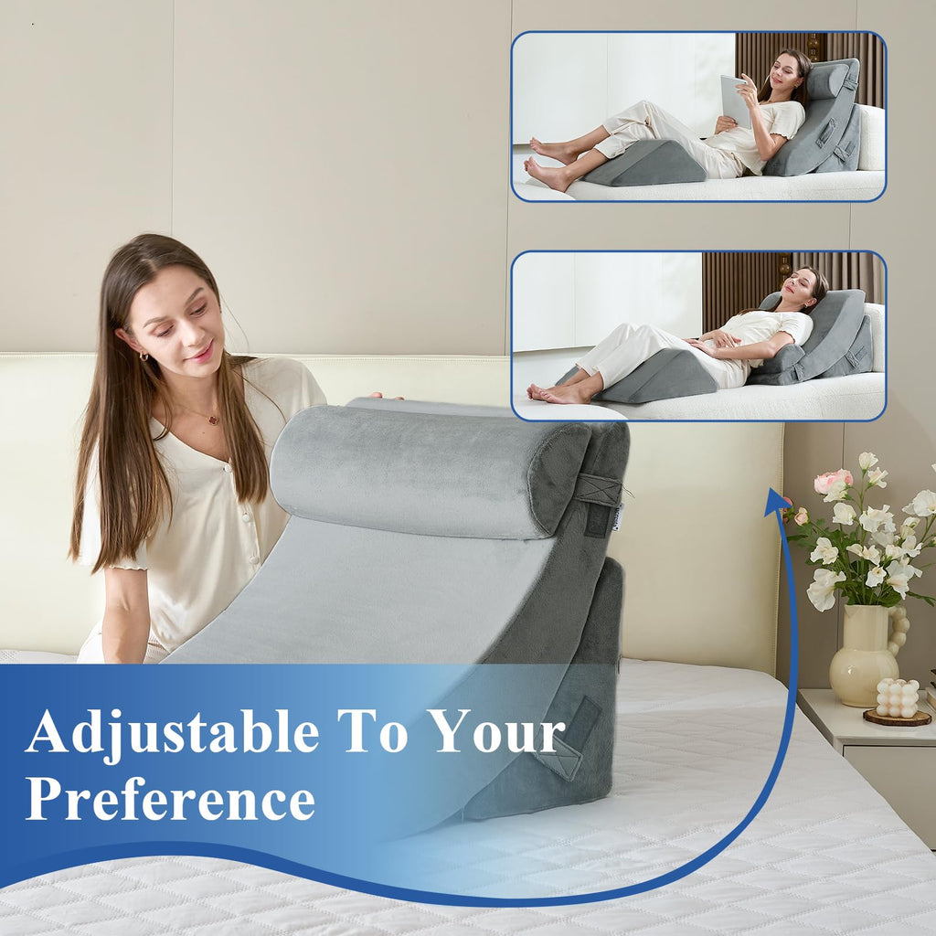 4PCS Orthopedic Bed Wedge Pillow Set, Post Surgery 45D Memory Foam for Back, Neck, and Leg Pain Relief Pleasing & Adjustable Support Pillows-Ease Acid Reflux & GRED with Better Sleep, Dark Grey