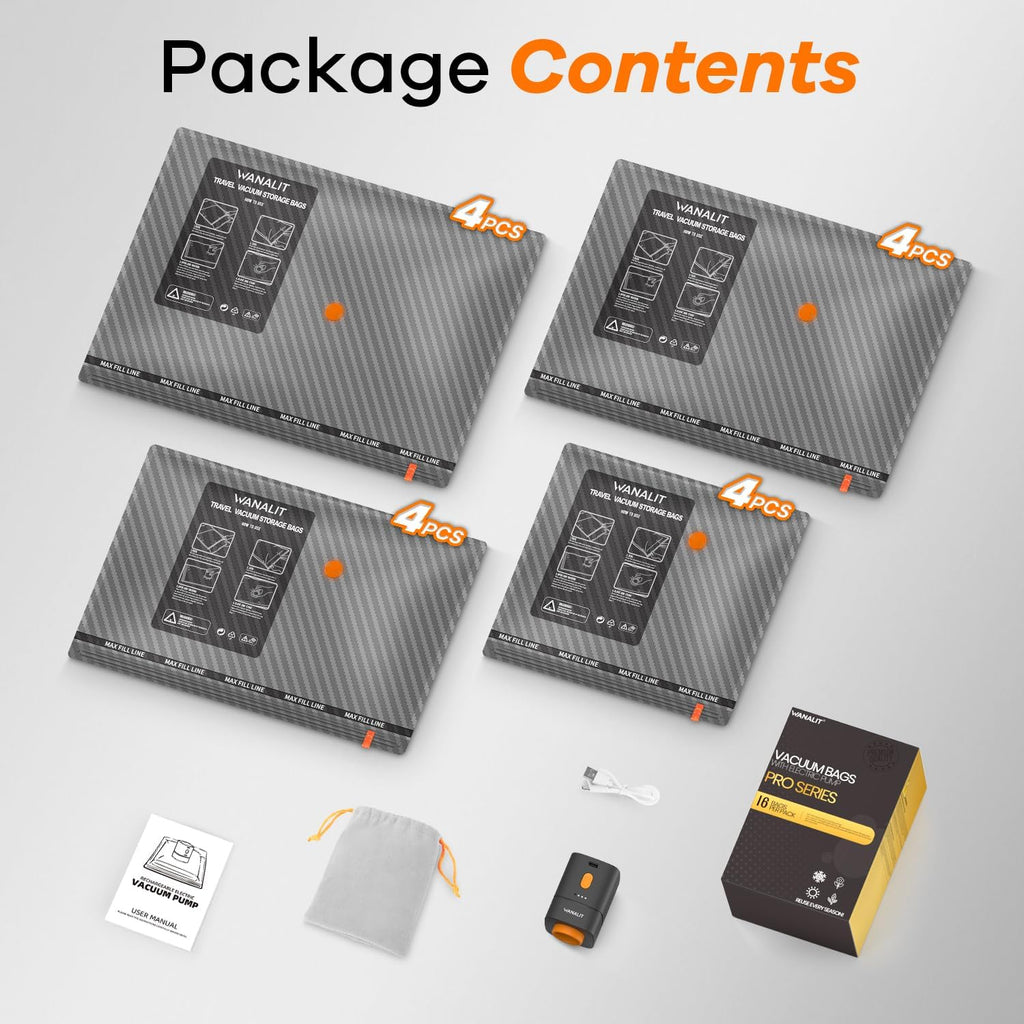 Skiennix Vacuum Storage Bags - 16 Pack Travel Essentials with Wireless Rechargeable Pump | Space Saver for Clothing & Luggage