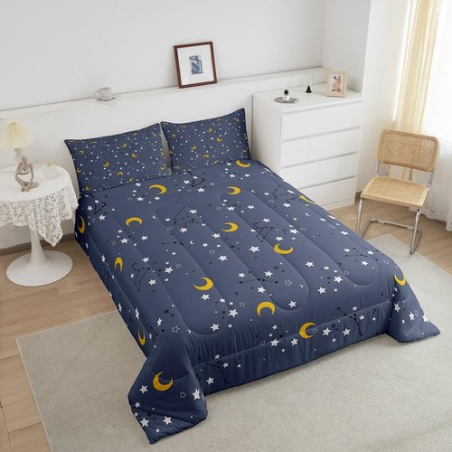 Erosebridal Moon & Stars Bedding Boys Girls 3Pcs Galaxy Full Comforter Set for Kids Toddler Teen, Dreamy Moon Stars Bedding Sets Constellation Space Illustration Duvet Set with 2 Pillowcases