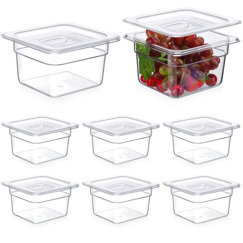 Sieral Clear 1/6 Size Food Pans with Lids, 1.5 Quart Square Polycarbonate Containers for Salad Bar, Restaurant, Kitchen Prep