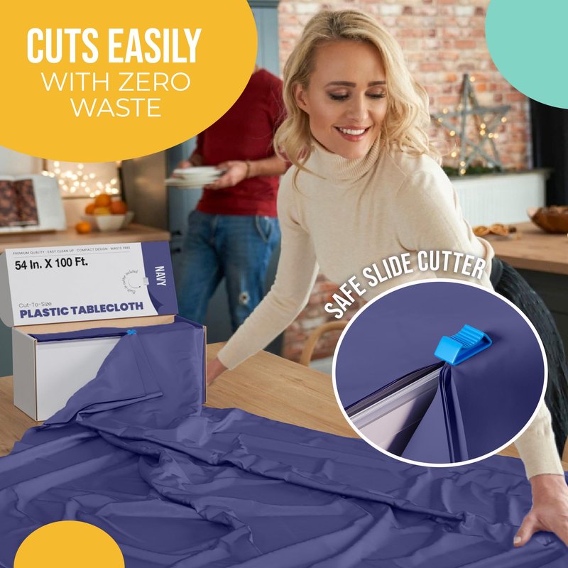 Party Solids 54 Inch X 100 Feet Navy Plastic Table Cover Roll in A Cut - to - Size Box with Convenient Slide Cutter. Cuts Up to 12 Rectangle 8 Feet Plastic Disposable Tablecloths