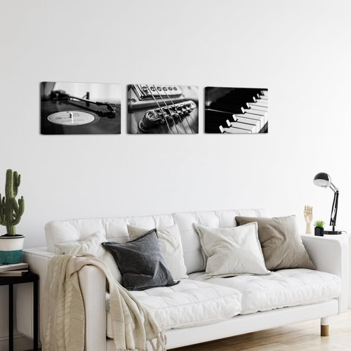 AoArtWZ Music Canvas Wall Art Guitar Piano Vinyl Record Picture Prints Black and White Instrument Poster Artwork for Home Living Room Bedroom Modern Decor Framed (16" x 24" x 3Pcs)
