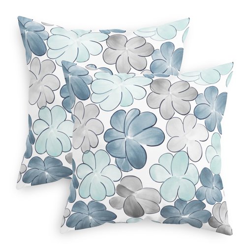 CaliTime Throw Pillow Covers Decorative 18 X 18 Inches Pack of 2 Cozy Fleece Blooming Flower Cushion Cases for Couch Bed Sofa Farmhouse Decoration Smoke Blue Grey