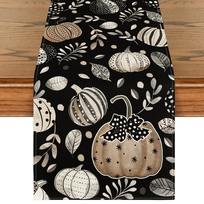 Artoid Mode Harvest Pumpkin Darkness Floral 210 GSM Fall Table Runner, Seasonal Autumn Kitchen Dining Table Decoration for Home Party Decor 13x108 Inch