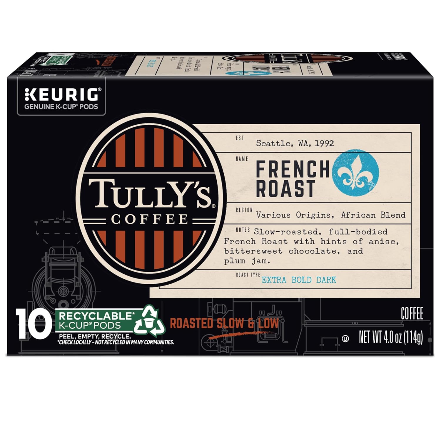 Tully's Coffee French Roast K-Cup Pods - Dark Roast Coffee, 60 Count (6 Packs of 10)
