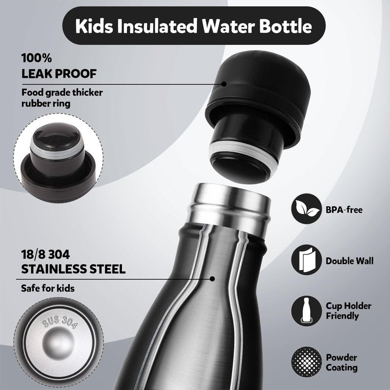 Volhoply 12oz Small Water Bottle Stainless Steel, BPA Free Insulated Water Bottles, Double Wall Cola Shape Flask, Keeps Cold 24 Hours and Hot 12 Hours for Kids Handbag (Black,1)