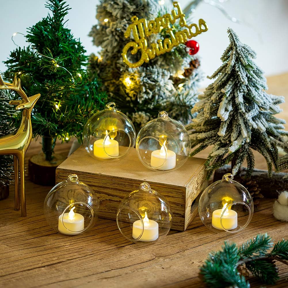 Skiennix 12 Pcs Hanging Glass Tealight Holders - 3.15" Globe Terrariums for Indoor/Outdoor Decor