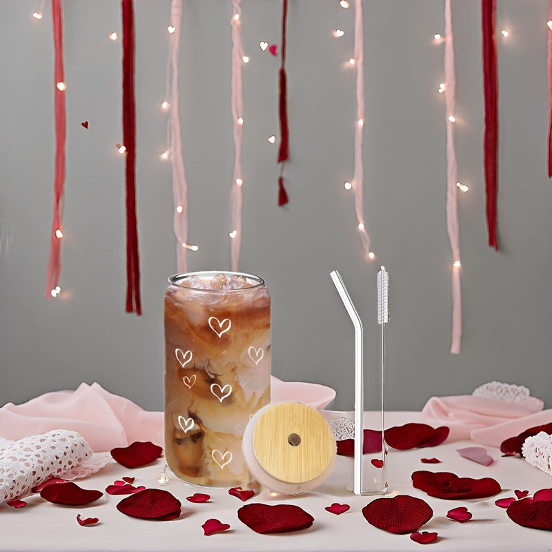 Heart Patterened Iced Coffee Cup with Bamboo Top + Glass Straw | 16oz Can Shaped Glass | Smoothie Glass | Cute Tumbler Cup