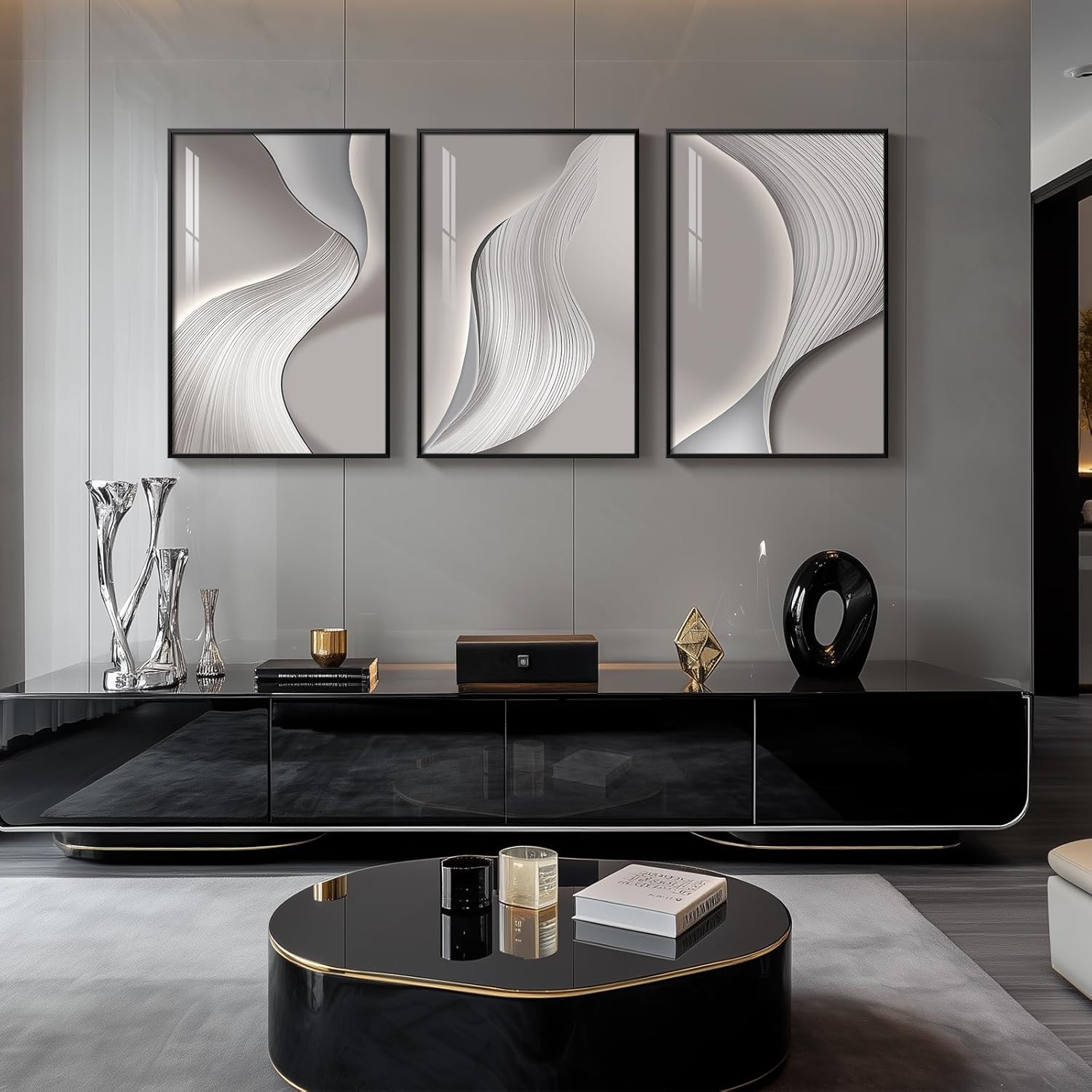 Skiennix Large Framed Modern Abstract Wall Art - Minimalist Silver Gray Prints for Living Room | 24x36 In