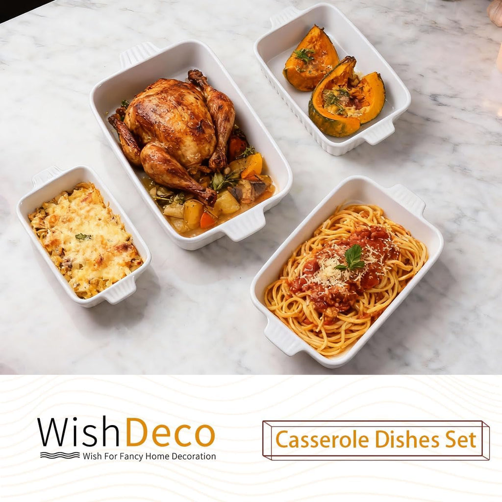 WishDeco Ceramic Casserole Dishes Set - 4-Piece White Porcelain Bakeware for Oven & Microwave | Rectangular Lasagna Pans with Handles (15''/12.4''/11''/9.6'')