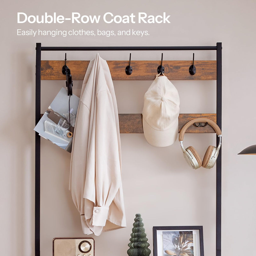 HOOBRO Hall Tree with Bench, Narrow Shoe Rack with Coat Rack, Coat Rack with Shoe Storage, 5 Tier Slanted Shoe Storage Organizer, Coat and Shoe Rack Entryway, Slim Hall Tree, Rustic Brown BF20MT01
