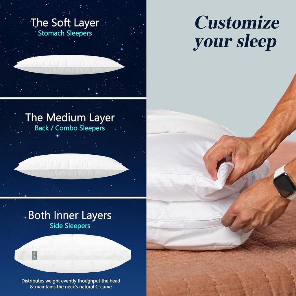 Nuzzle Cooling Adjustable Pillow - Luxury Queen Size for Side Sleepers | Soft & Firm Support