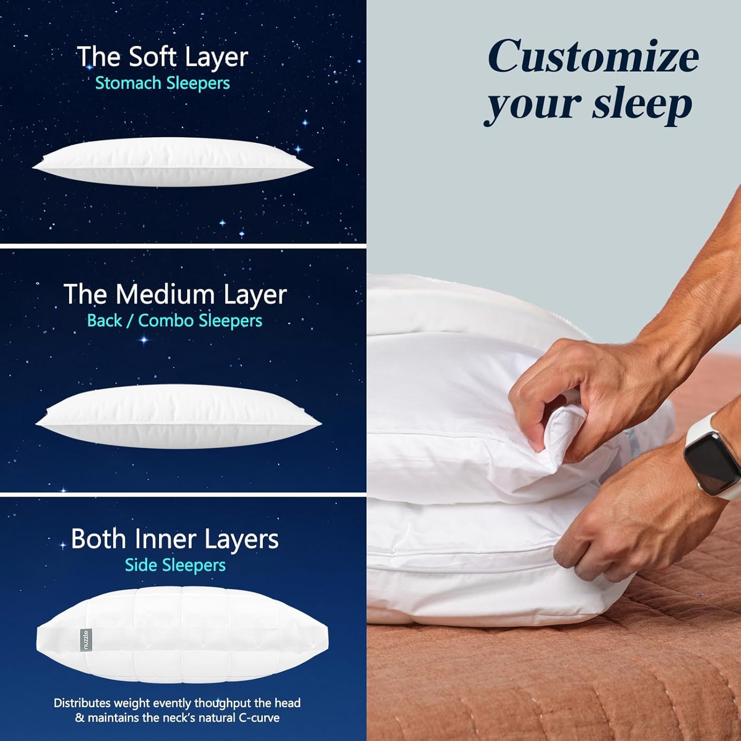 Nuzzle Cooling Adjustable Pillow - Luxury Queen Size for Side Sleepers | Soft & Firm Support