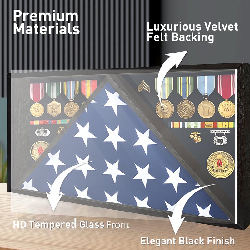 Flag Display Case for Funeral Flag, 5' x 9.5' Military Burial Flag Box with HD Tempered Glass and Removable Dividers, Memorial Flag Frame with Felt Lining for Badges Medals (Black)