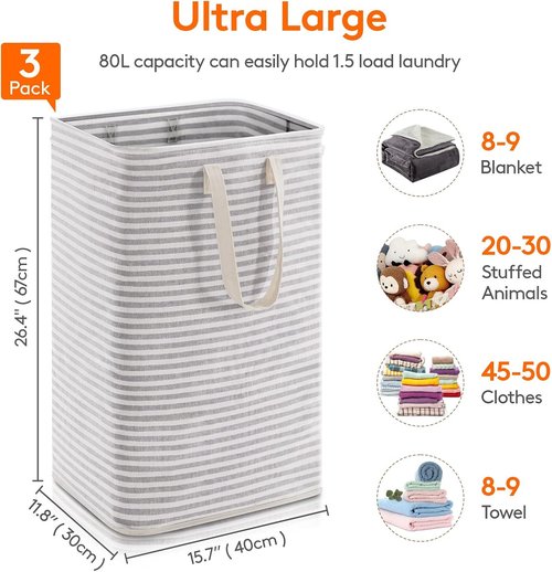 Lifewit 3-Pack Laundry Basket - 80L Collapsible Hamper with Reinforced Handles | Waterproof Grey Design