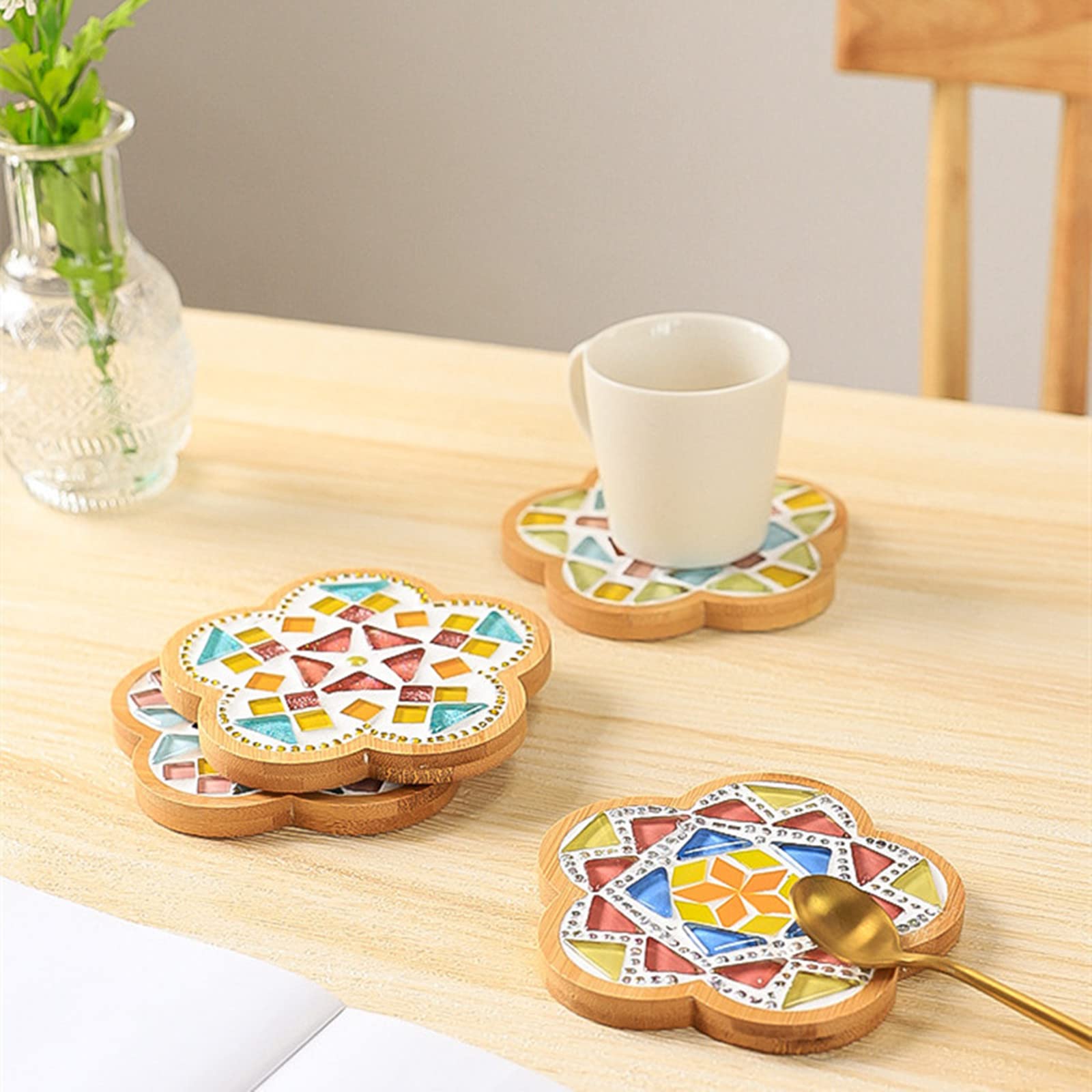 4PCS Mosaic Bamboo Coasters for Crafts, Blank Base Trays, Drinking Cup Coaster, Plant Coaster, Art Plate,DIY Mosaic Supplies (Square)