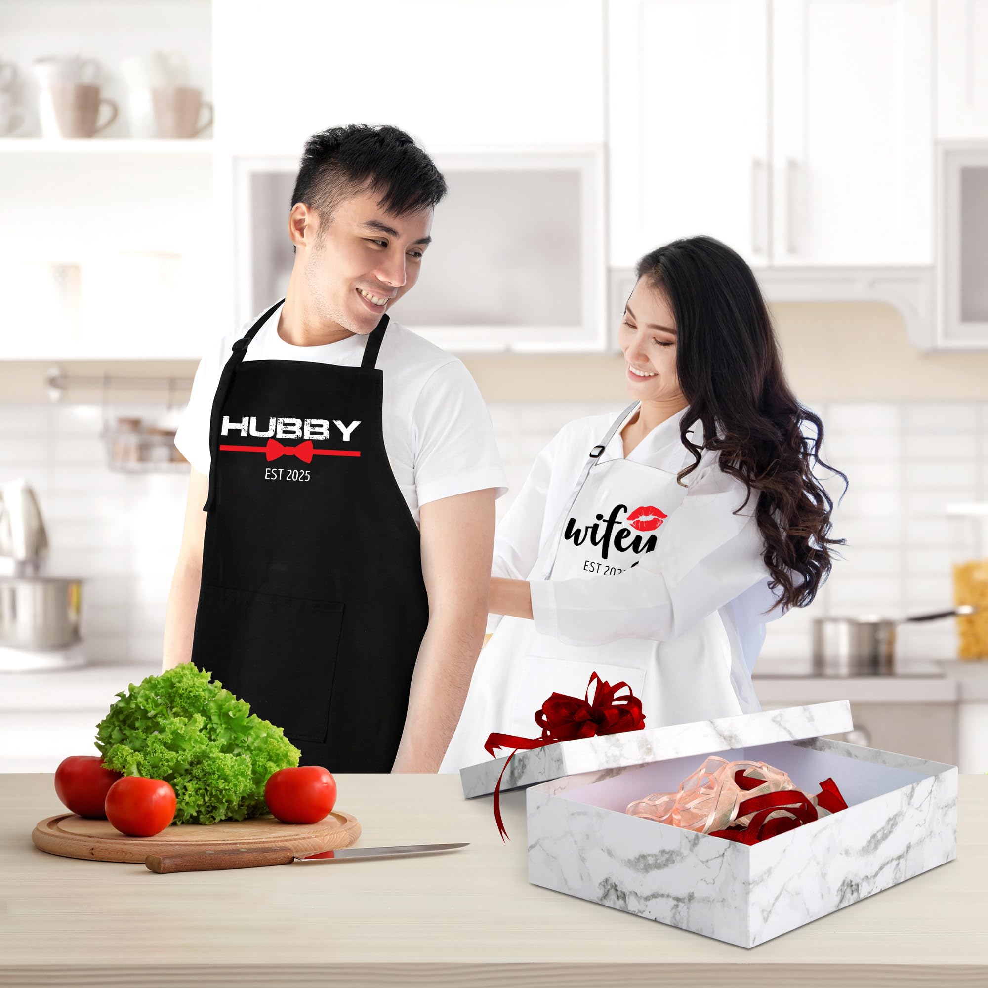 Prazoli Products Mr Mrs Apron Set - Engagement Gifts, Wedding & Bridal Shower Gifts for Couple (Hubby & Wifey Est: 2025, Standard)