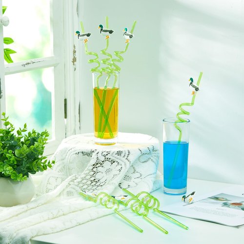 Maxdot 24 Pcs Mallard Duck Drinking Straws with Reusable Plastic Silly Straws for Themed Birthday Supplies Cute Duck Hunting Party Favors