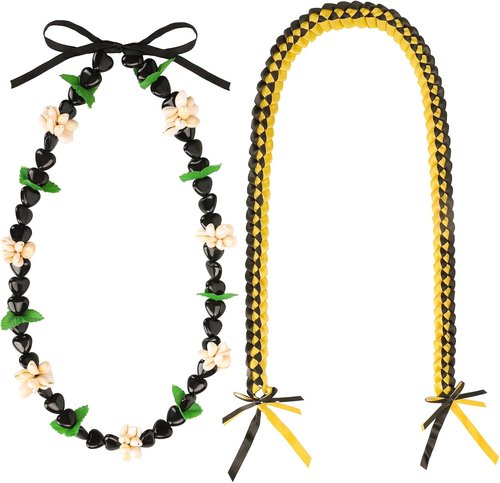 FYSUIMU Graduation Ribbon Lei - Handmade Black & Gold Kukui Nut Necklace for College Grads
