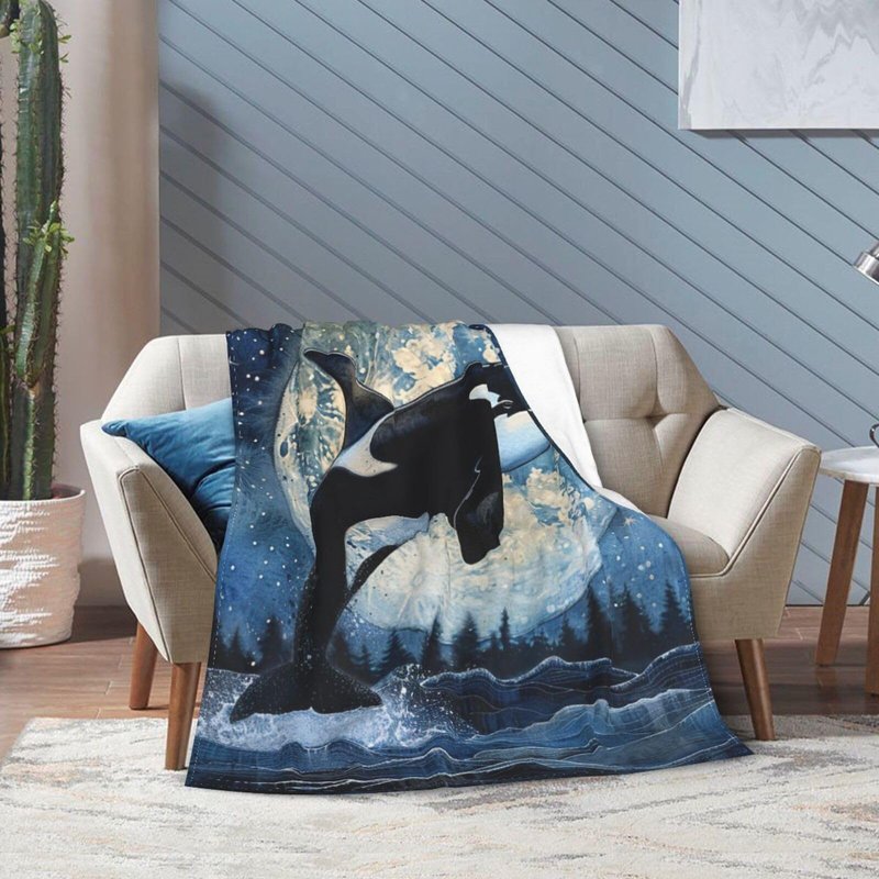 Orca Whale Blanket Killer Whale Moon Decor Throw Blankets Ultra Soft Cozy Fuzzy Plush Fleece Flannel Ocean Life Blanket Gifts for Whale Lover Girls Women Boys Men Kids for Bedding Sofa 40"X50"
