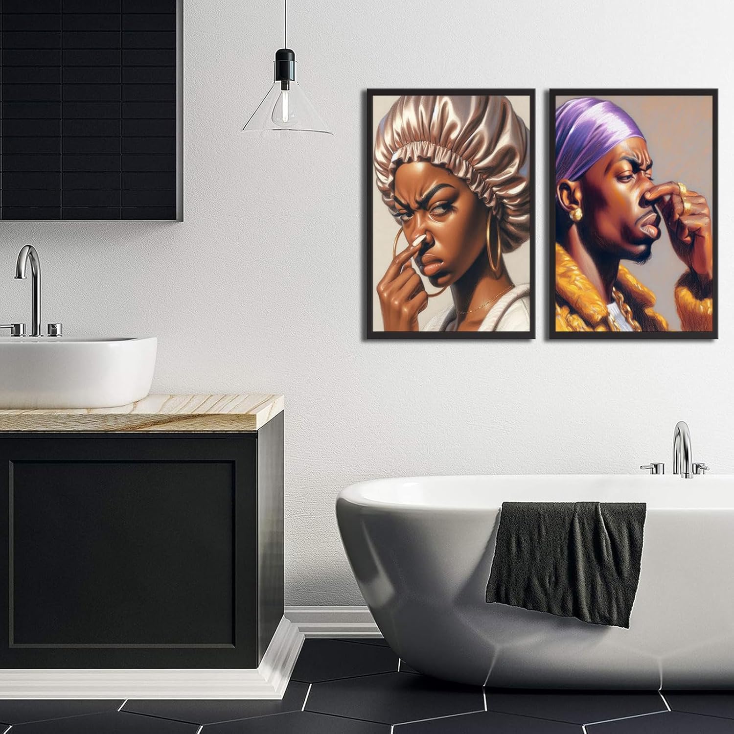 Skiennix Funny African American Bathroom Wall Art - 2Pcs Pinch Nose Canvas Prints | Funky Humor Decor