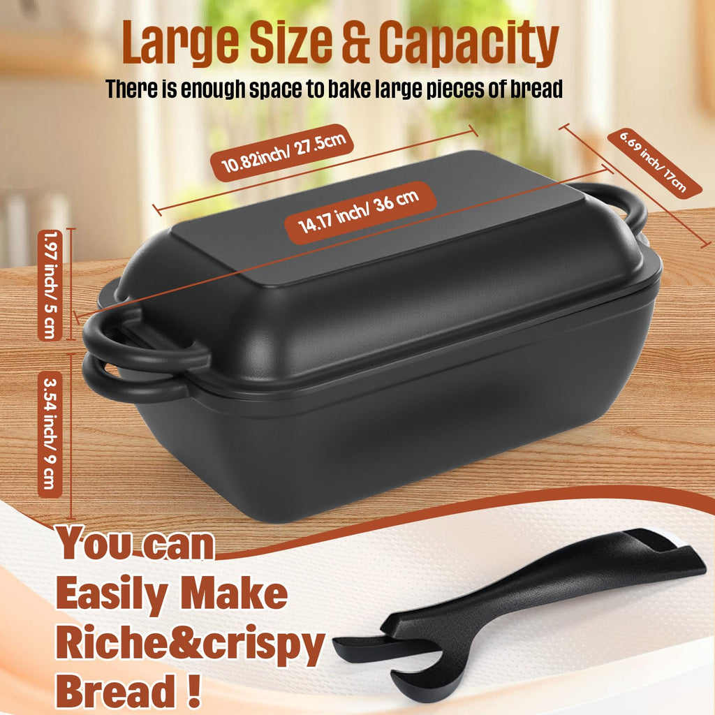 Maxdot Cast Iron Bread Loaf Pan with Lid 5.7 QT Dutch Oven for Sourdough Bread Baking Non-stick Loaf Pans with Dual Handles, Lid Lever for Homemade Baking,Cooking and Roasting, Dishwasher Safe, Black