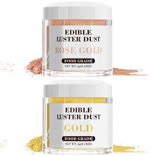 Cherrysea Luster Dust Edible Set - Food Grade Shimmer Powder for Cakes & Cocktails | 4g Bottles - Rose Gold & Gold