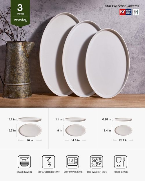 Famiware Serving Platter - Elegant Matte White Oval Trays | 16/14.6/12.9 Inch for Parties & Buffets