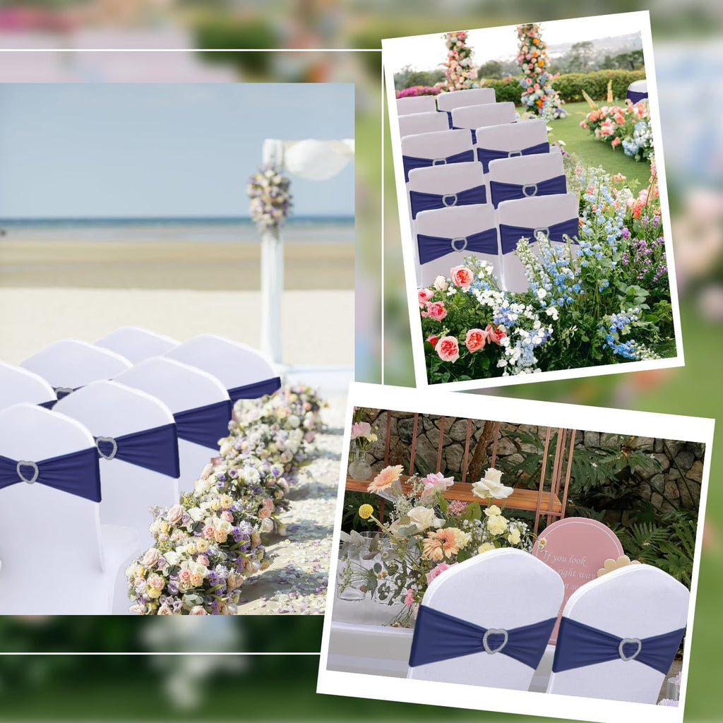 Skiennix Navy Blue Chair Sashes - 30 Pack Universal Elastic Chair Bands with Heart Buckle Slider for Weddings & Parties