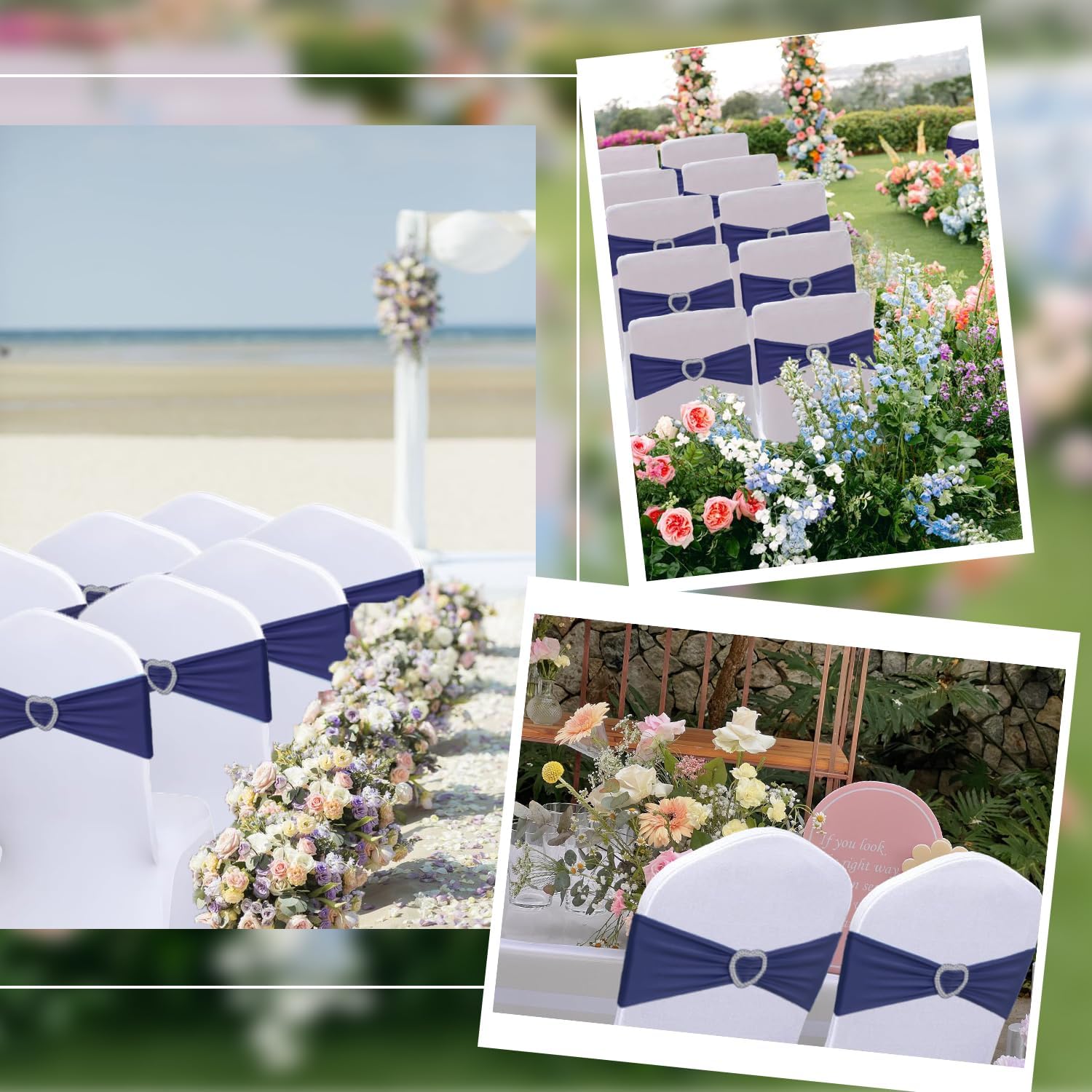 Skiennix Navy Blue Chair Sashes - 30 Pack Universal Elastic Chair Bands with Heart Buckle Slider for Weddings & Parties