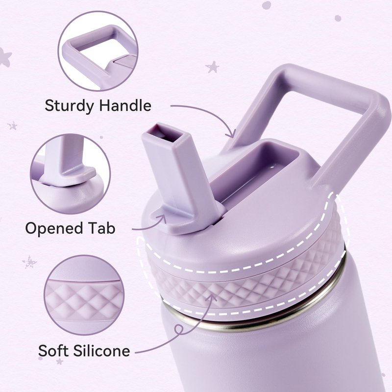 Fijinhom 12 oz Kids Water Bottle, Toddler Water Bottle with Straw, Boys&Girls Bottle for School, 304 Stainless Steel Vacuum Insulated Bottle for Kids, BPA-Free, Leak-Proof, Lilac