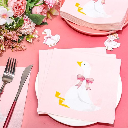FYSUIMU Disposable Paper Napkins - Cute Pink Bow Goose Design | 50 Pcs for Birthday & Baby Shower Parties