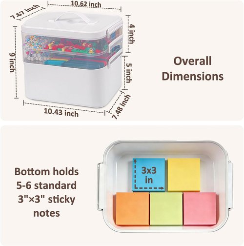 Craft Organizer by 3-Layer | Plastic Storage Box with Removable Trays & Lids | 10.62” x 9” x 7.67”