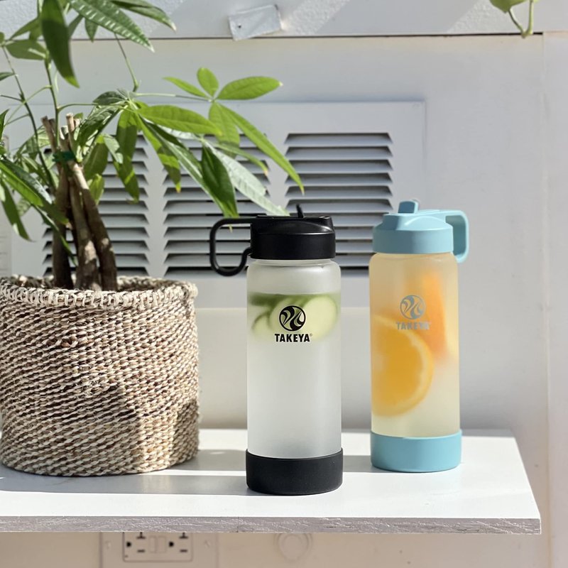 Takeya Glass Water Bottle - Durable Thermo-Shock Resistant - Sure-Grip Safe Shell - Clear Leak-Proof - Straw Lid - Dishwasher Safe - Everyday Use - 22 oz, Sage