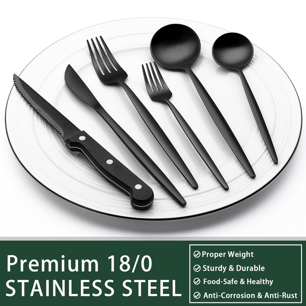 EWFEN 24-Piece Black Silverware Set with Steak Knives, Black Flatware Set for 4, Food-Grade Stainless Steel Tableware Cutlery Set, Mirror Finished Utensil Sets for Home Restaurant, Long Edge