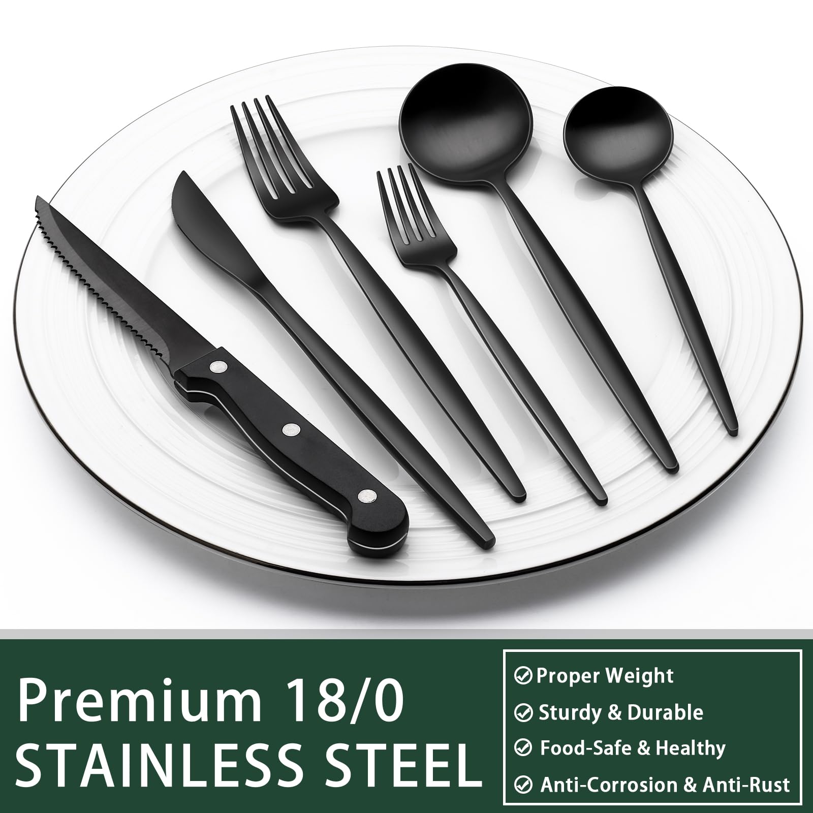EWFEN 24-Piece Black Silverware Set with Steak Knives, Black Flatware Set for 4, Food-Grade Stainless Steel Tableware Cutlery Set, Mirror Finished Utensil Sets for Home Restaurant, Long Edge