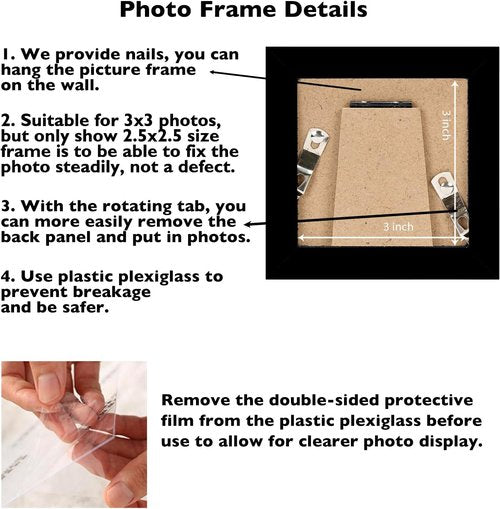 JCJMY 3x3 Black Picture Frame - Sturdy Tabletop Photo Frame with Shatter-Resistant Plexiglass