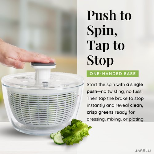 JARELLI Glass Salad Spinner Large Capacity 6.3QT with Storage Lid | Boroscilicate Glass Bowl and BPA-Free and Food-Safe Colander, Base, Spinner Lid and Storage Lid | Washing, Spinning, and Draining