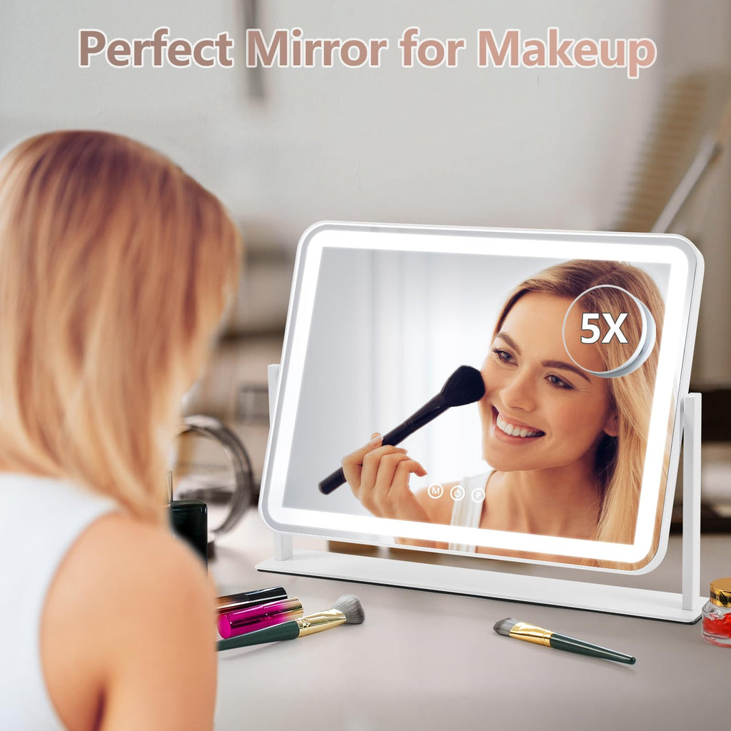 ViKert Vanity Mirror with Lights, 5X Magnification Spot Mirror, Makeup Mirror with Dimmable 3 Color Lighting, 17.3"L x 14.2"W