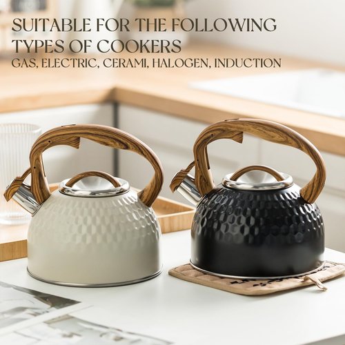 2.5L Stainless Steel Whistling Tea Kettle - Durable & Easy to Clean, Wooden Pattern Handle, Whistling Alert, Ideal for Home & Outdoor Use, Perfect for Tea Brewing, Camping, and More (Beige)