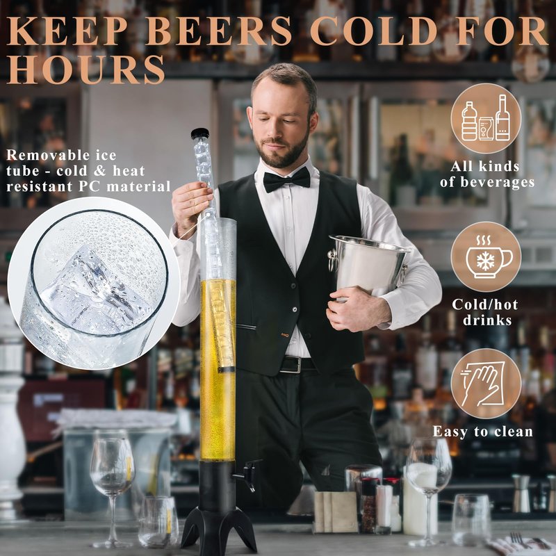 COSYOO Drink Tower, 3L Drink Tower Dispenser With Ice Tube and Led Light, Tabletop Beer Dispenser 3.17 Qt./3 L, Ideal for Parties Bars Pubs Restaurants