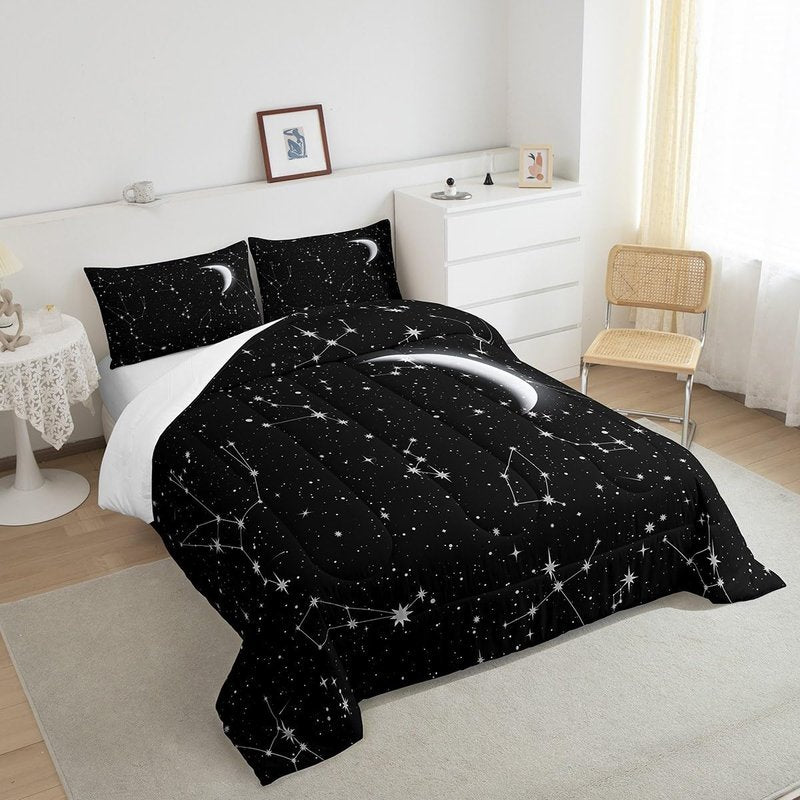 Feelyou Constellation Bedding Set Zodiac Printed Comforter for Kids Adult Galaxy Starry Sky Comforter Set Black White Space Moon Stars Pattern Duvet Set Room Decor 2Pcs with 1 Pillow Case Twin Size
