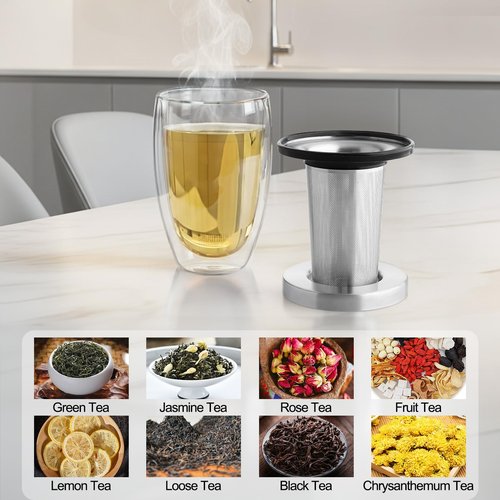SADOMAIN Glass Tea Cup with Infuser and Lid, Tea Infuser Mug in 12 OZ/350ML, Heat-Proof Double Wall Glass Tea Cup, 100% Plastic-Free Tea Mug with Lid and Strainer, Keeps Drinks Hot/Cold Longer Time